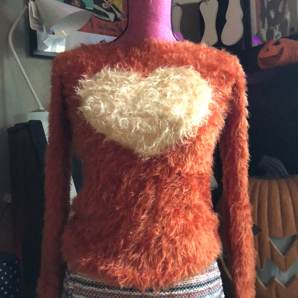 Burnt Orange Rust fuzzy sweater w/Heart